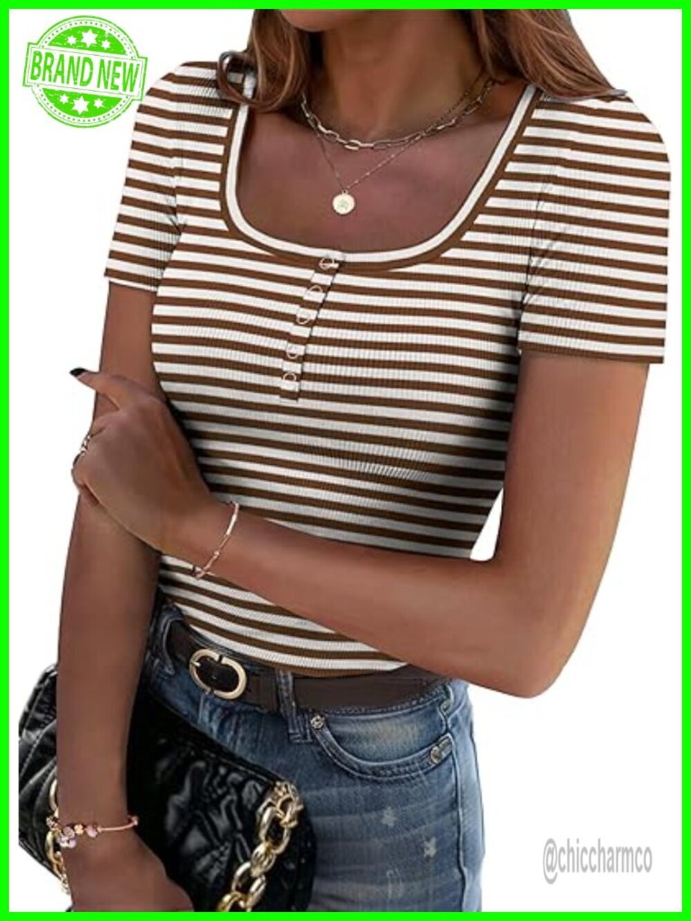 Women's Short Sleeve Ribbed Knit Square Neck T-Shirt Slim Fitted Tee
